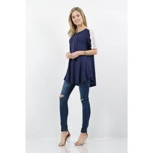 Navy Tunic Blouse With Lace Sleeves Size M 42 Pops